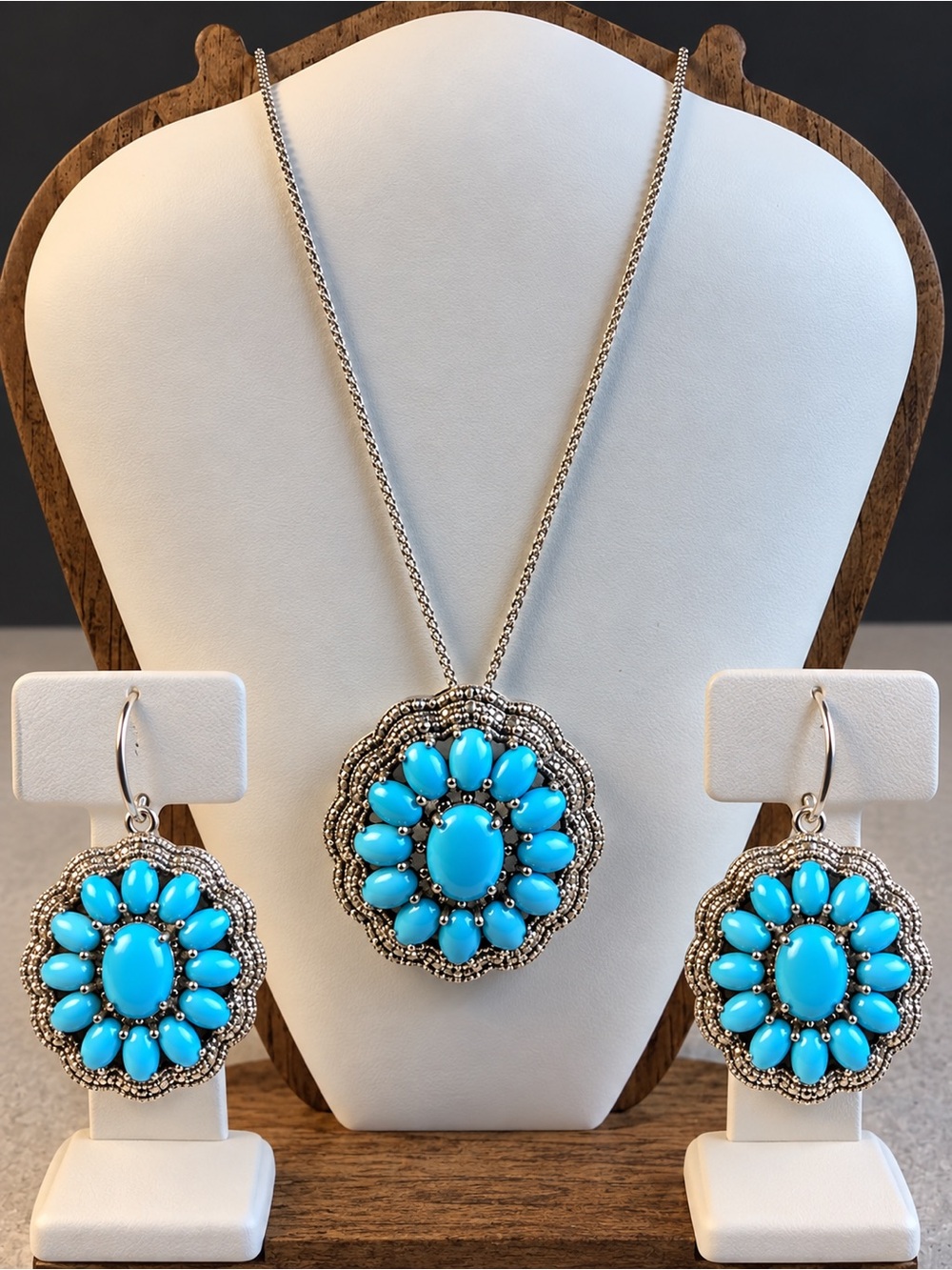 NP 925 Sterling Silver Turquoise Floral Pendant Necklace Earrings Set